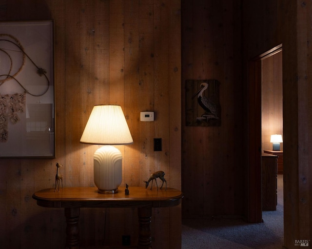 hallway with wooden walls