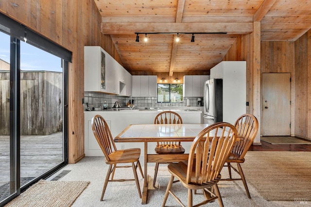 dining room with lofted ceiling with beams, rail lighting, wooden ceiling, and wood walls