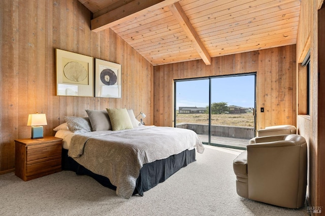 bedroom with wood ceiling, access to exterior, vaulted ceiling with beams, carpet flooring, and wood walls