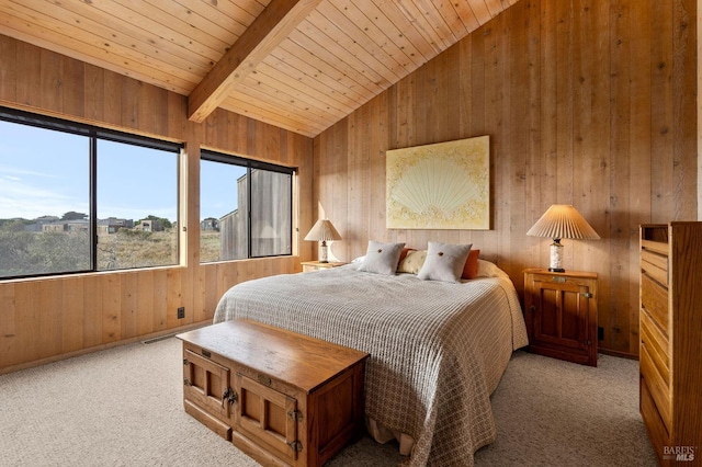 carpeted bedroom featuring wood walls, wooden ceiling, and vaulted ceiling with beams