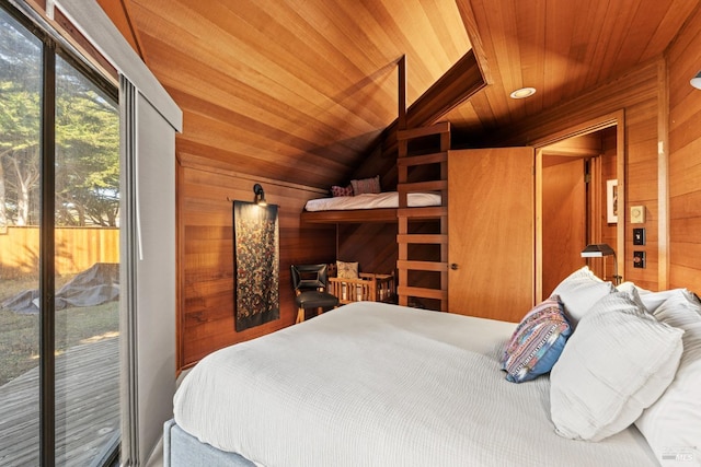 bedroom with wooden ceiling, wooden walls, vaulted ceiling, and access to outside