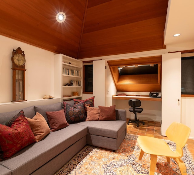 living room with built in desk, vaulted ceiling, and wooden ceiling