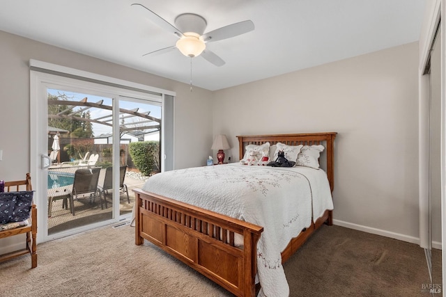 bedroom featuring a ceiling fan, light carpet, baseboards, and access to exterior