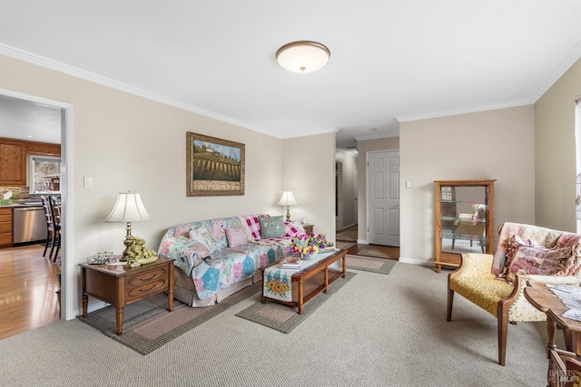 living room with light carpet, baseboards, and ornamental molding