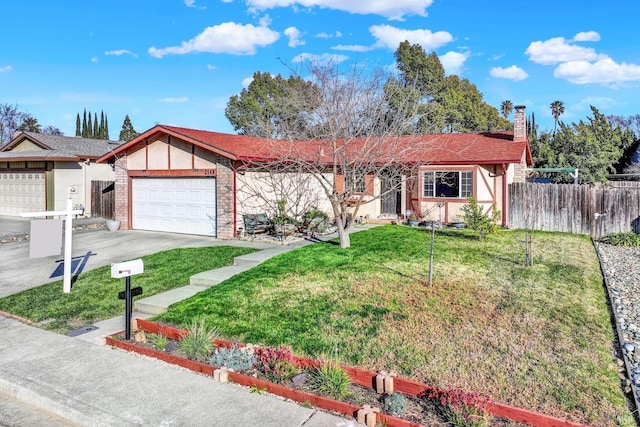 ranch-style home with a garage and a front yard