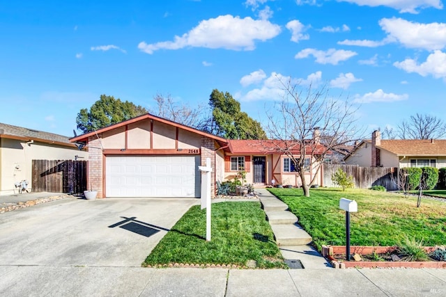 single story home with a garage and a front lawn