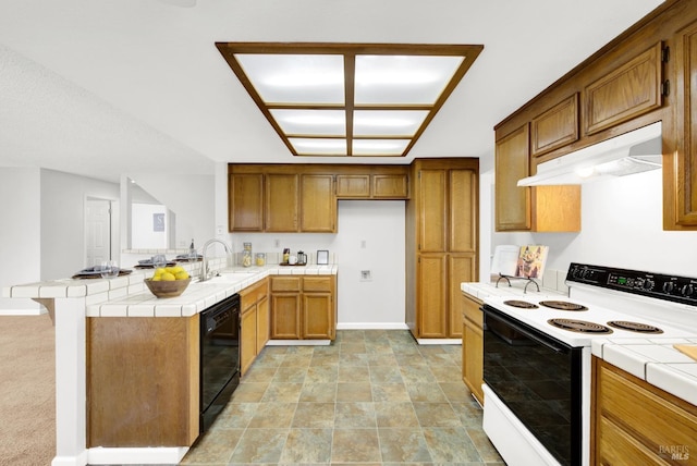 kitchen with range with electric stovetop, black dishwasher, tile counters, and kitchen peninsula