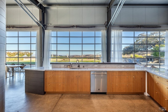 kitchen with light stone counters, sink, plenty of natural light, and stainless steel dishwasher