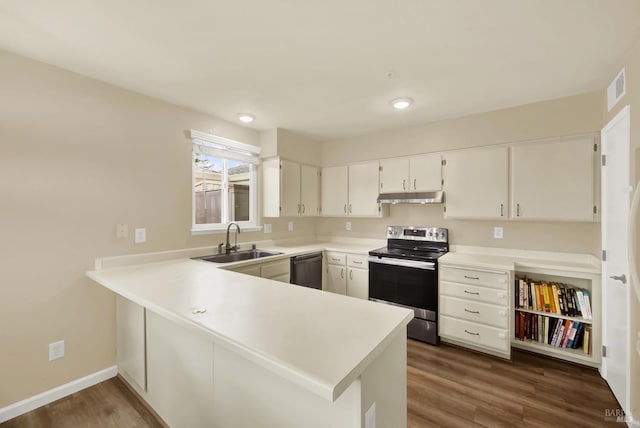 kitchen with kitchen peninsula, black dishwasher, sink, white cabinets, and stainless steel electric stove