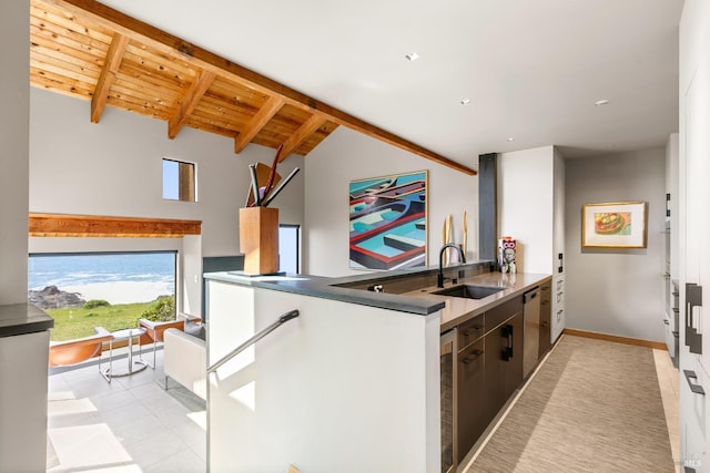 kitchen featuring sink, lofted ceiling with beams, wooden ceiling, stainless steel dishwasher, and kitchen peninsula