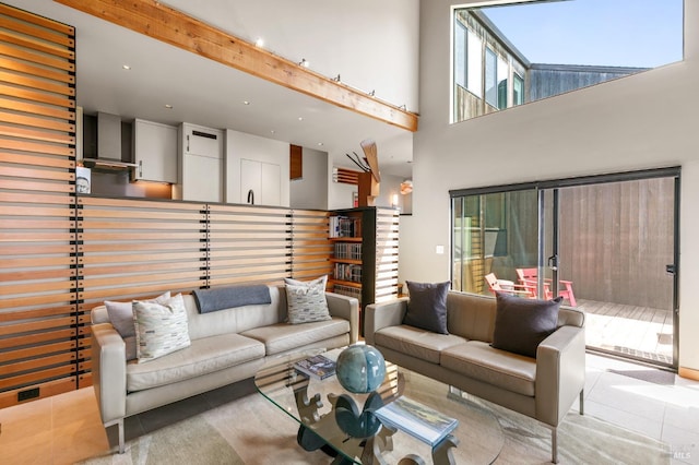 living room featuring a towering ceiling