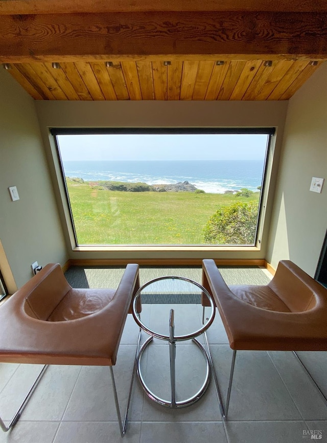 interior space with a water view, a healthy amount of sunlight, and wooden ceiling