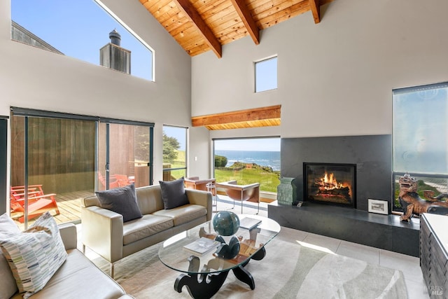 tiled living room featuring wood ceiling and lofted ceiling with beams