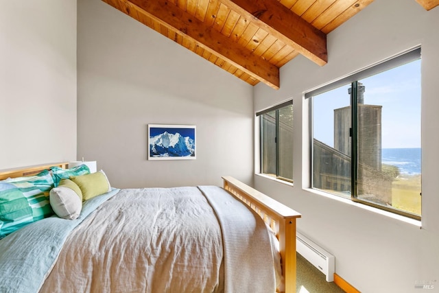 bedroom with vaulted ceiling with beams, a water view, wooden ceiling, carpet, and a baseboard heating unit