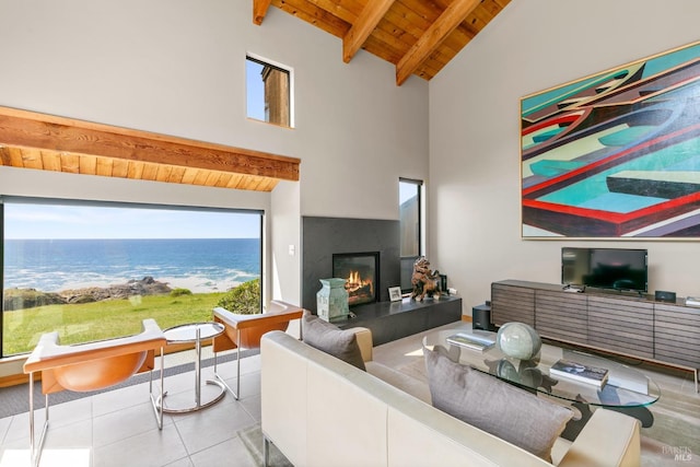 living room with wood ceiling, beam ceiling, high vaulted ceiling, and light tile patterned floors