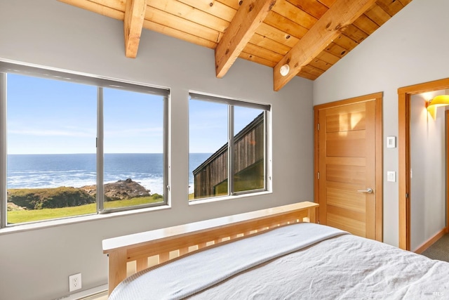 unfurnished bedroom with multiple windows, lofted ceiling with beams, wooden ceiling, and a water view