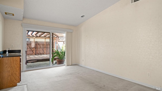 empty room with lofted ceiling, visible vents, light carpet, a sink, and baseboards