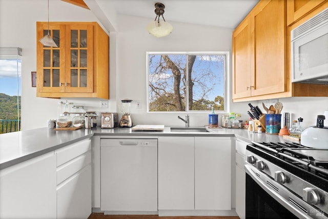 569 Sequoia Ave, San Anselmo, CA 94960 - kitchen featuring white appliances, a sink, light countertops, decorative light fixtures, and glass insert cabinets
