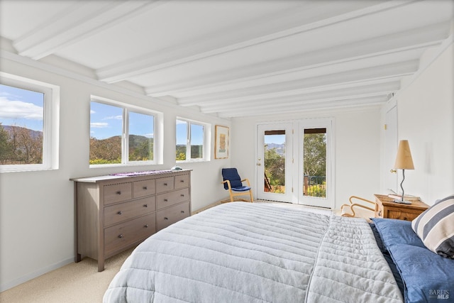 569 Sequoia Ave, San Anselmo, CA 94960 - bedroom featuring beam ceiling, access to outside, light carpet, and baseboards