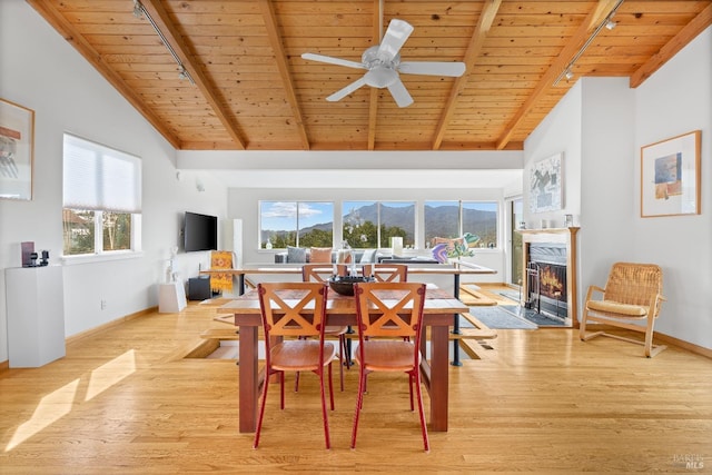 569 Sequoia Ave, San Anselmo, CA 94960 - dining room featuring wooden ceiling, beam ceiling, baseboards, light wood-style floors, and a high end fireplace