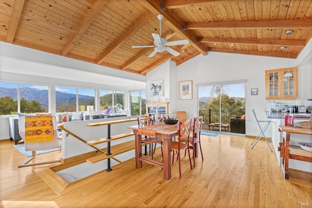 569 Sequoia Ave, San Anselmo, CA 94960 - dining space with wood ceiling, a mountain view, light wood finished floors, high vaulted ceiling, and beamed ceiling