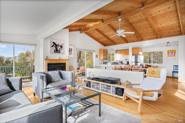 569 Sequoia Ave, San Anselmo, CA 94960 - living room with wooden ceiling, a fireplace, plenty of natural light, ceiling fan, and light wood finished floors