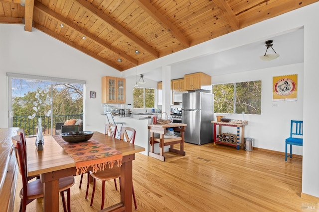 569 Sequoia Ave, San Anselmo, CA 94960 - dining space featuring wooden ceiling, light wood-style floors, beam ceiling, high vaulted ceiling, and baseboards