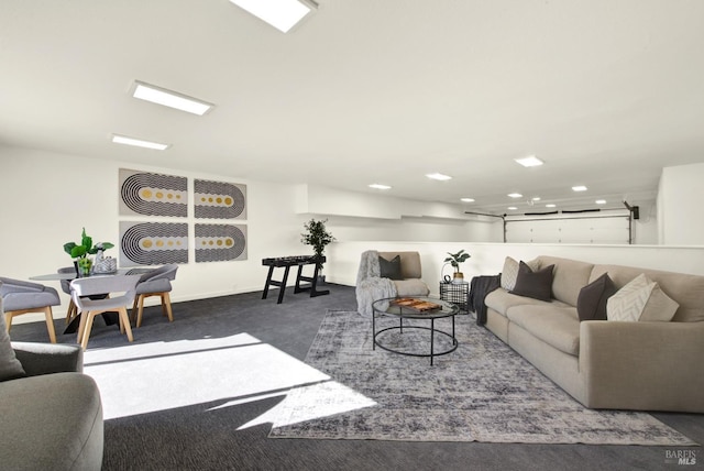 living room featuring dark carpet