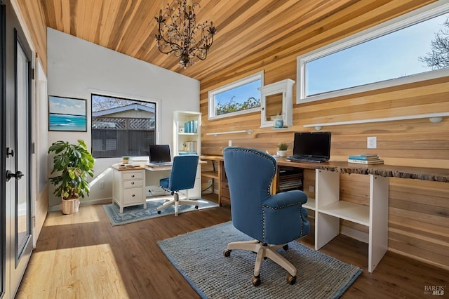 office featuring light hardwood / wood-style flooring, vaulted ceiling, wooden ceiling, a chandelier, and wood walls