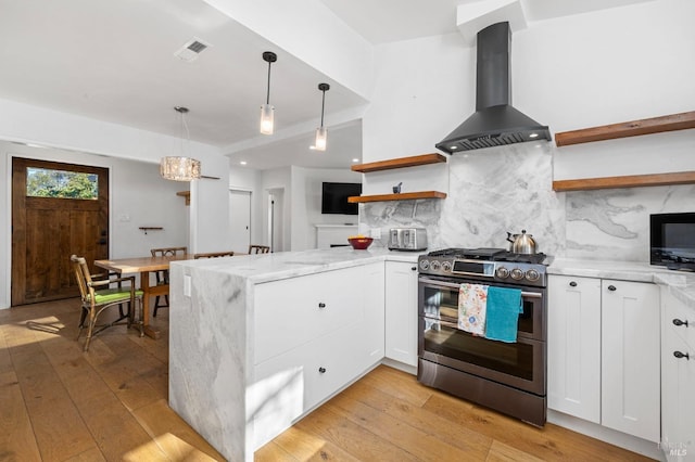 kitchen featuring double oven range, range hood, kitchen peninsula, and white cabinets