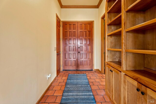 14950 Ridgeview Rd, Willits, CA 95490 - bathroom featuring crown molding, wood finished floors, a shower stall, and a brick fireplace