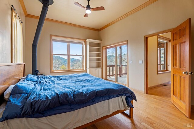 14950 Ridgeview Rd, Willits, CA 95490 - bedroom featuring ornamental molding, access to exterior, hardwood / wood-style floors, baseboards, and ensuite bathroom