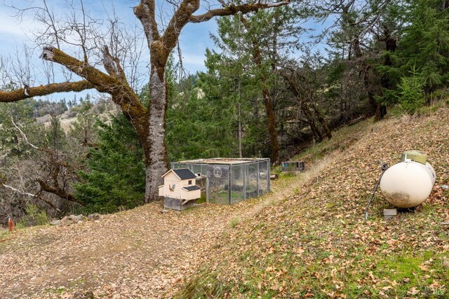 14950 Ridgeview Rd, Willits, CA 95490 - view of front of property featuring a porch, an outdoor structure, driveway, a shingled roof, and stucco siding