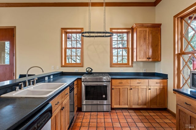 kitchen featuring decorative light fixtures, sink, stainless steel appliances, and plenty of natural light