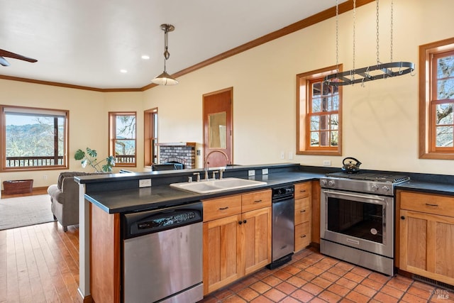 kitchen featuring sink, kitchen peninsula, appliances with stainless steel finishes, and ornamental molding