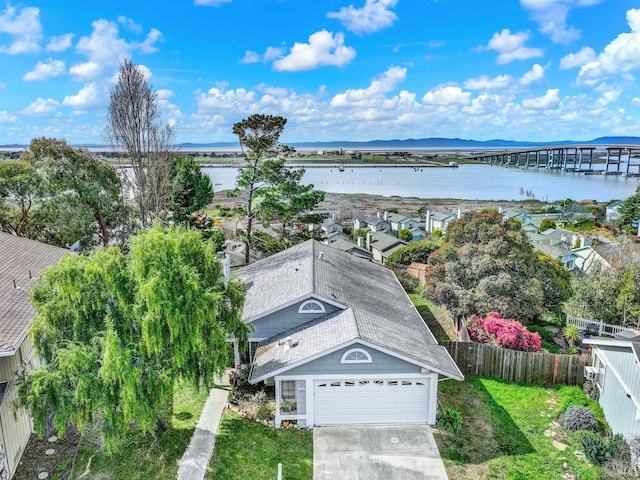 aerial view featuring a water view