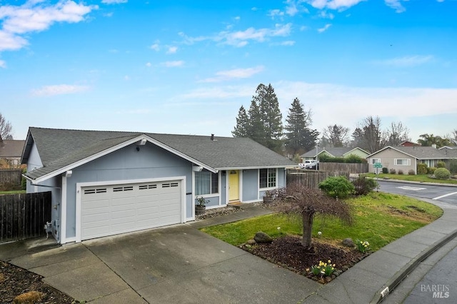 ranch-style home with an attached garage, a shingled roof, fence, and concrete driveway