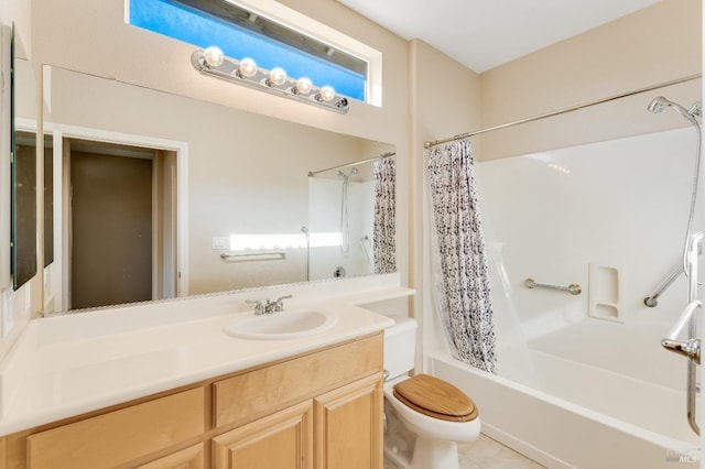 bathroom with vanity, shower / tub combo, tile patterned flooring, and toilet