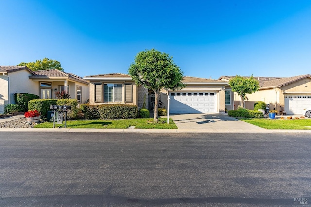 ranch-style house with a tiled roof, an attached garage, driveway, and stucco siding