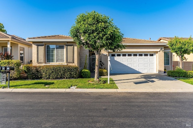 ranch-style house with an attached garage, concrete driveway, a tile roof, and stucco siding