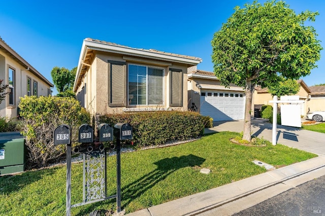 view of front facade featuring an attached garage, stucco siding, concrete driveway, and a front lawn