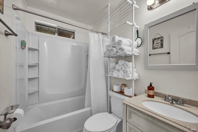 full bathroom with shower / tub combo, vanity, and toilet