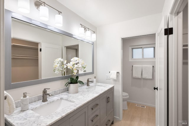 bathroom featuring hardwood / wood-style flooring, vanity, and toilet