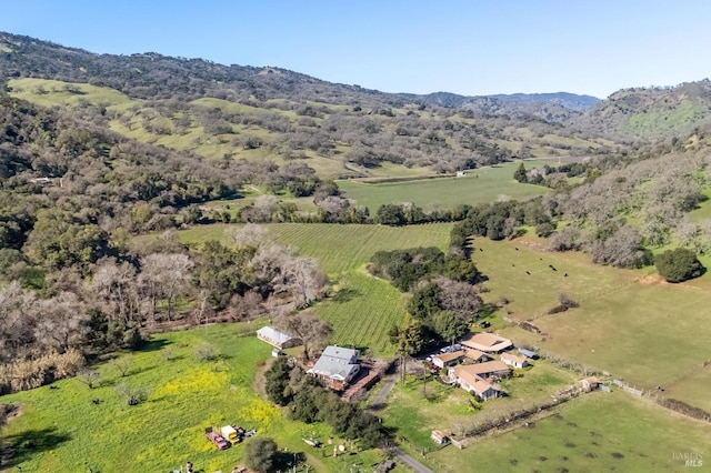 drone / aerial view with a mountain view and a rural view