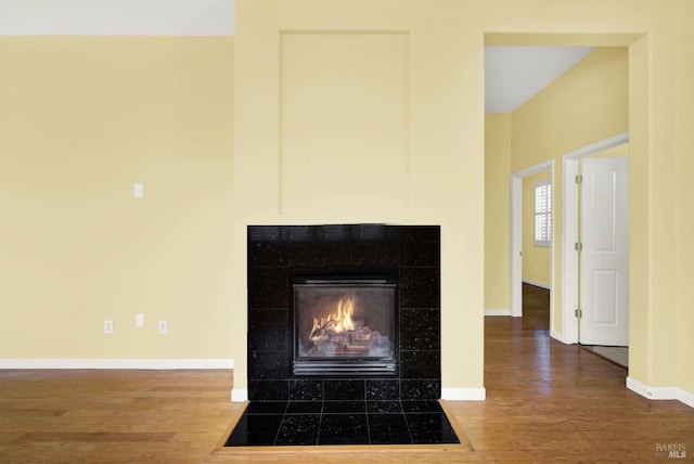 room details featuring a fireplace and hardwood / wood-style floors