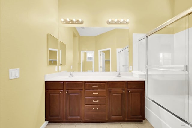 bathroom featuring tile patterned floors, vanity, and independent shower and bath