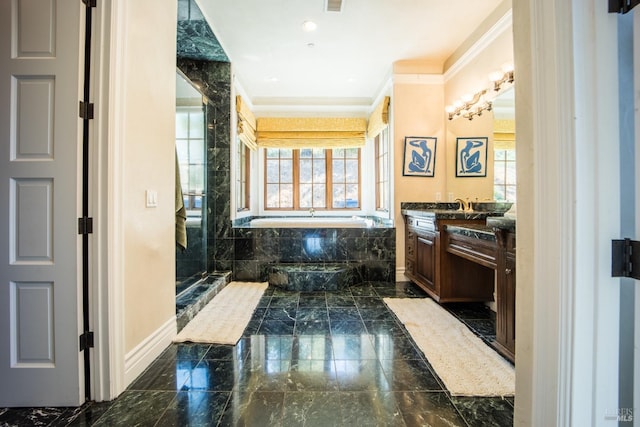 bathroom with crown molding, shower with separate bathtub, and vanity