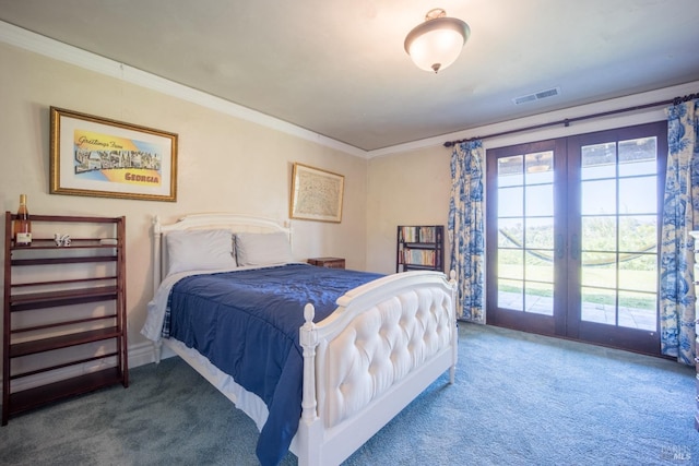 bedroom featuring carpet floors, ornamental molding, and french doors