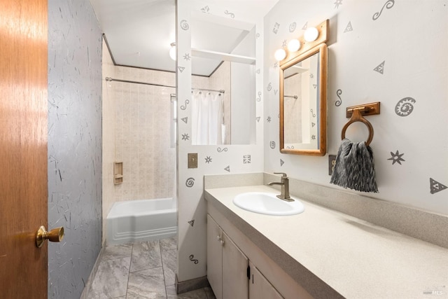 bathroom with vanity and shower / tub combo with curtain