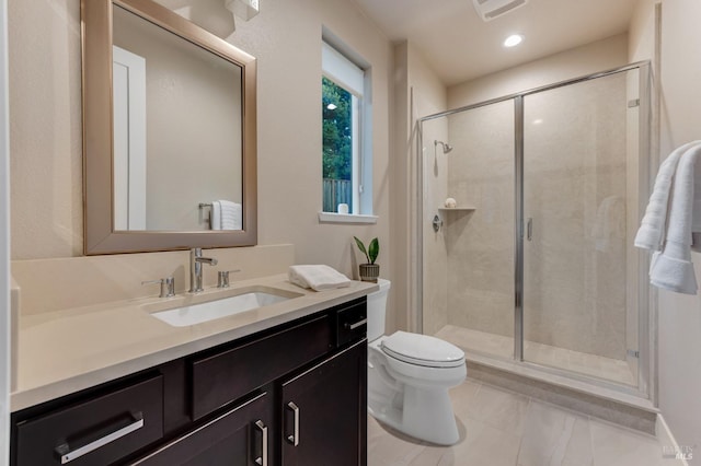 2228 Chateau Ct, Santa Rosa, CA 95404 - bathroom featuring a stall shower, visible vents, toilet, vanity, and recessed lighting